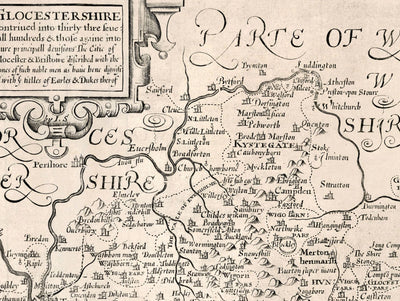 Viejo mapa de Gloucestershire, 1611 de John Speed ​​- Bristol, Cheltenham, Gloucester, Kingswood, Filton, Sur