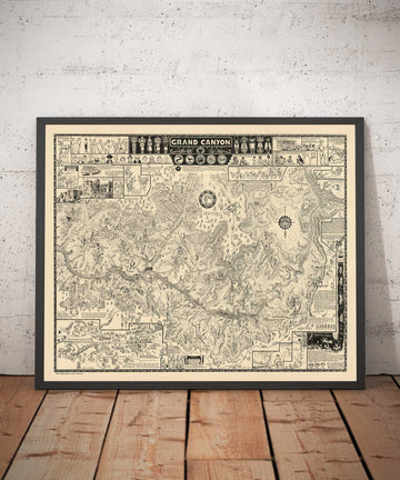 Alte illustrierte Karte des Grand Canyon von 1931 von Jo Mora - Arizona, Colorado River, Horseshoe Bend, Ureinwohner 