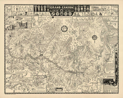 Old Illustrative Map of The Grand Canyon in 1931 by Jo Mora - Arizona, Colorado River, Horseshoe Bend, Native Americans