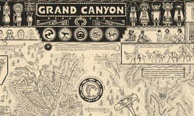 Antiguo mapa ilustrativo del Gran Cañón en 1931 por Jo Mora - Arizona, Río Colorado, Horseshoe Bend, Nativos Americanos