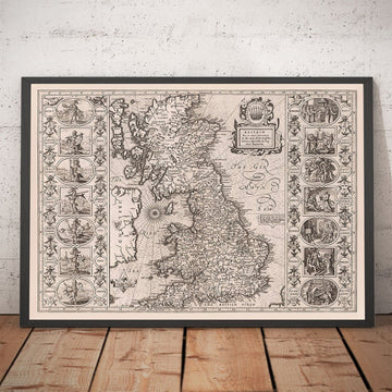 Antigua Mapa Vikingo de Inglaterra, Gales y Escocia, 1611 por John Speed - Mapa de la Heptarquía Anglo-Sajona de Gran Bretaña 