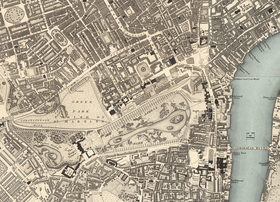 Grande Mappa Antica di Londra di C&J Greenwood, 1830 - Monocromatica con Unico Tamigi Blu 