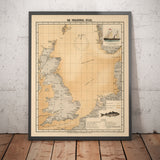 Antiguo mapa de peces de eglefino del Mar del Norte, 1883 por O.T. Olsen - Pesca de eglefino, distribución, desove, etc.