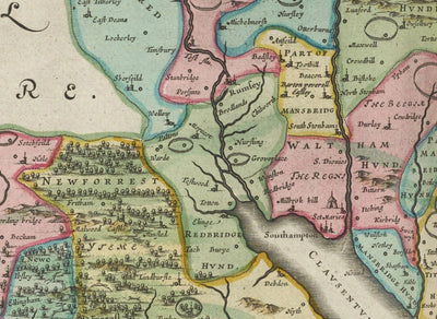 Alte Karte von Hampshire, 1665 von Joan Blaeu - Winchester, Portsmouth, Southampton, Basingstoke, Farnborough, Havant