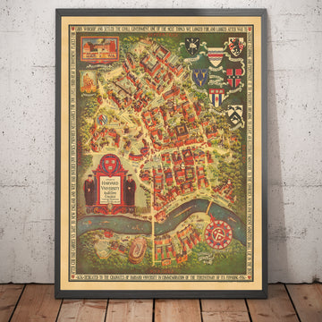 Antiguo mapa de la Universidad de Harvard y Radcliffe, 1935 por Schruers - Campus, escudo de la casa, río Charles