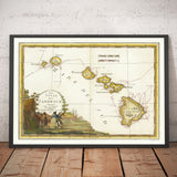 Ancienne carte d'Hawaï en 1785 par Giovanni Cassini - Îles Sandwich, Maui, O'ahu, Honolulu, Océan Pacifique