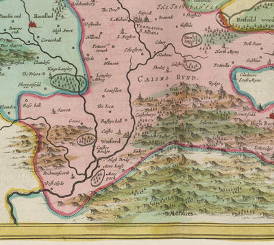 Alte Karte von Hertfordshire, 1665 von Blaeu - Stevenage, St Albans, Watford, Enfield, Barnet, Hatfield, Hemel Hempstead