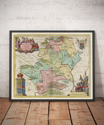 Mapa antiguo de Hertfordshire, 1665 por Blaeu - Stevenage, St Albans, Watford, Enfield, Barnet, Hatfield, Hemel Hempstead