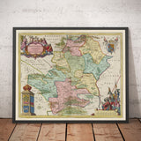 Mapa antiguo de Hertfordshire, 1665 por Blaeu - Stevenage, St Albans, Watford, Enfield, Barnet, Hatfield, Hemel Hempstead