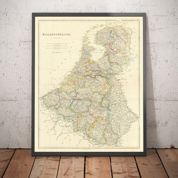 Mapa antiguo de Holanda y Bélgica, 1858 - Países Bajos, Flandes, Luxemburgo, Bruselas, Bruge, Amsterdam, Amberes