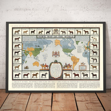 Mapa de caballos antiguos, 1936 - Gráfico del Atlas del Mundo Antiguo con los orígenes de las razas - Pura Sangre, Mustang, Shire, Pony de Polo, Árabe