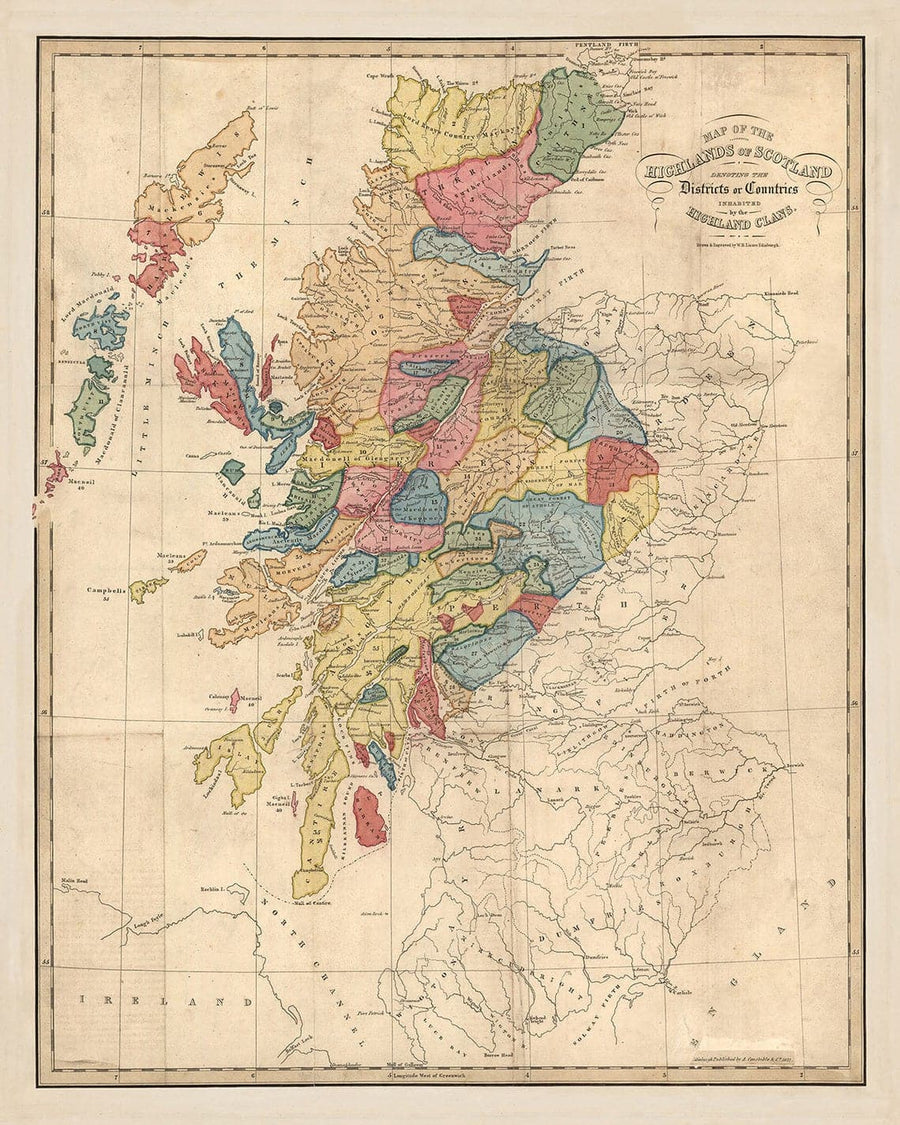 Mappa dei Clan della Scozia - Mappa a colori rara delle Highlands di Scozia di WH Lizars, 1822 