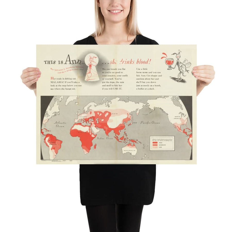 Carte ancienne du monde de Dr. Seuss, 1943 - Tableau murale du paludisme de l&