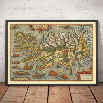 Seltene alte Karte von Island von Ortelius, 1603 - Reykjavik, Keflavik, Vulkane, Berge, Fjorde, Gletscher, Seeungeheuer 