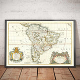 Mapa antiguo de Sudamérica por Coronelli 1690 - Brasil, Colonias españolas, Perú, Paraguay, Venezuela, Magellanica, Amazon