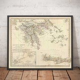 Mappa antica della Grecia, 1829, di SDUK - Creta, Egeo, Atene, Arcadia, Attica, Cicladi, Zante 