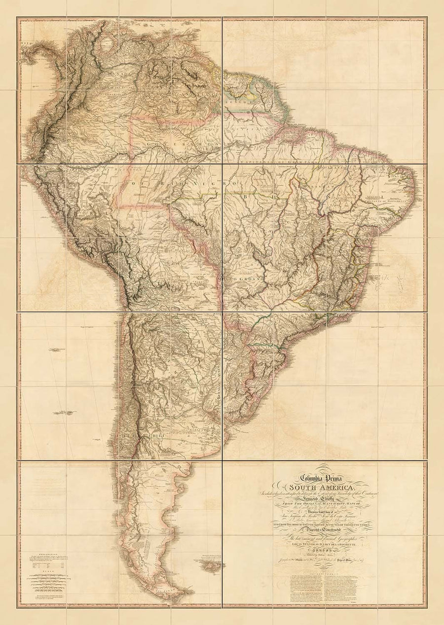 Rara mappa antica del Sud America di Faden, 1807 - Colonialismo spagnolo - Brasile, Perù, Colombia, Cile, Venezuela, Amazzonia 