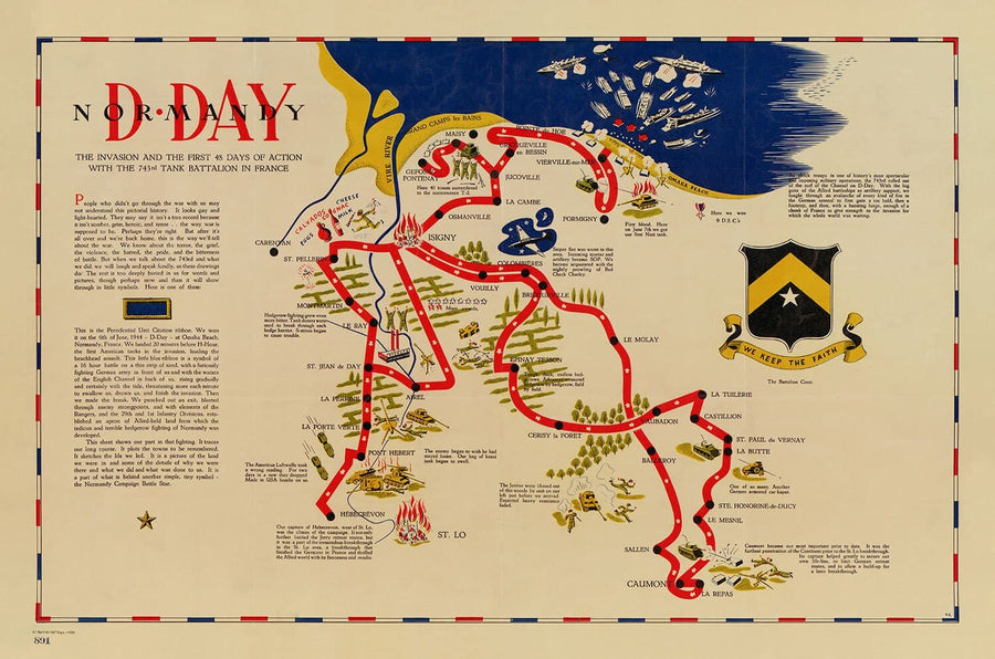 Mapa antiguo de D Day Landings en Normandía, 1944 - 743rd Batallón de tanques en el norte de Francia - EE. UU. Ejército Mundial Guerra Mundial 2