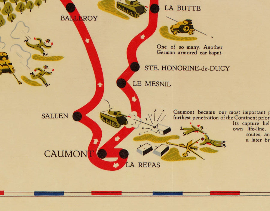 Mapa antiguo de D Day Landings en Normandía, 1944 - 743rd Batallón de tanques en el norte de Francia - EE. UU. Ejército Mundial Guerra Mundial 2