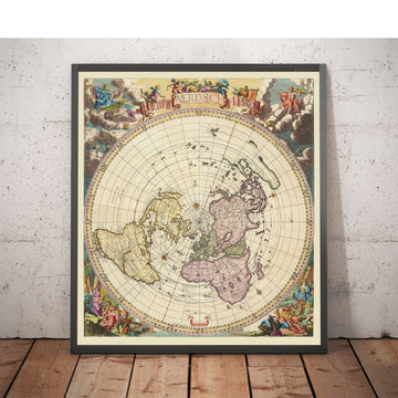 Antiguo mapa mundial de la Tierra Plana, 1696 por Jacob Harrewyn - Isla de California, Querubines - Proyección acimutal polar