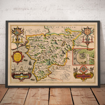 Alte Karte von Merionethshire, Wales aus dem Jahr 1611 von John Speed - Dolgellau, Aberdyfi, Bala, Barmouth, Harlech, Snowdonia 