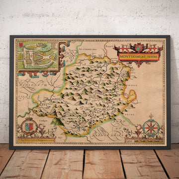 Alte Karte von Montgomeryshire, Wales, 1611 von John Speed - Powys, Maldwyn, Montgomery, Newtown, Welshpool, Llanidloes 