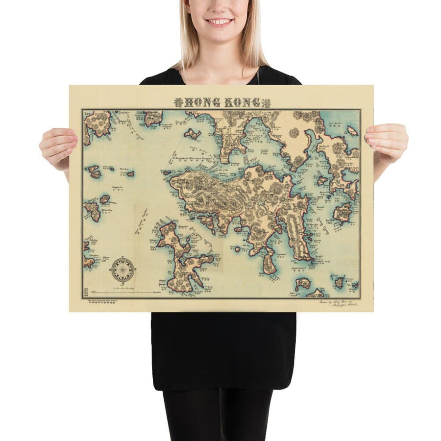 Mappa antica di Hong Kong, 1924 di Sung Chun Wa - Central, Kowloon, Causeway, Victoria Harbour, Isole, Montagne, Lamma 