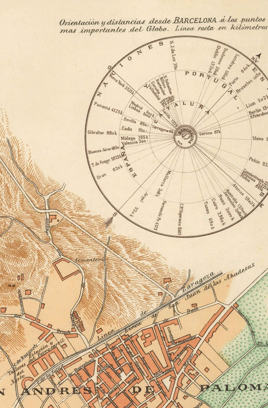 Mappa antica di Barcellona, 1891 di DJM Serra - Sagrada Famíli, Quartiere Gotico, Cattedrali, Parchi, Las Ramblas, Strade 