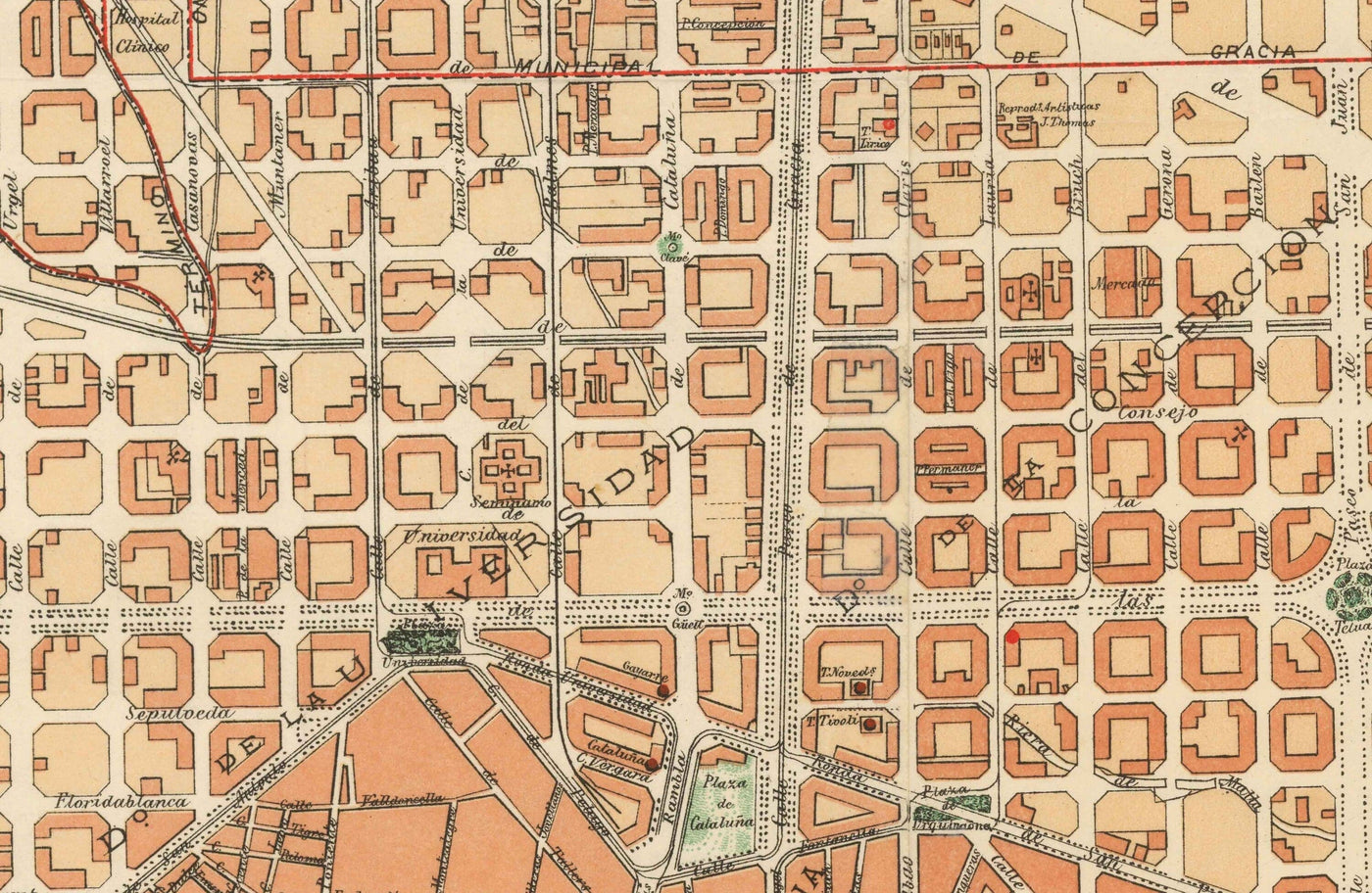 Plan ancien de Barcelone, 1891 par DJM Serra - Sagrada Família, Quartier Gothique, Cathédrales, Parcs, Las Ramblas, Rues