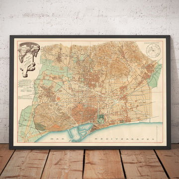 Plan ancien de Barcelone, 1891 par DJM Serra - Sagrada Família, Quartier Gothique, Cathédrales, Parcs, Las Ramblas, Rues