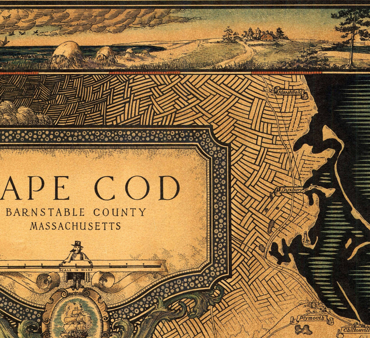 Mapa antiguo de Cape Cod, Mass. 1931 por Tripp - Barnstaple, Plymouth, New Bedford, Bourne, Falmouth, Yarmouth, Sandwich - Enmarcado, sin enmarcar Regalo