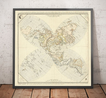 Ancienne carte de la Terre plate, 1811 par JC Hinrichs - Carte du monde allemande et française - Intéressante carte de l&