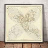 Antiguo mapa de la Tierra Plana, 1811 por JC Hinrichs - Mapa del mundo alemán y francés - Interesante gráfico del Atlas Colonial