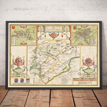 Ancienne carte du Rutland, 1611 par John Speed - Rutlandshire, Oakham, Edith Weston, Uppingham, Ketton, Stretton