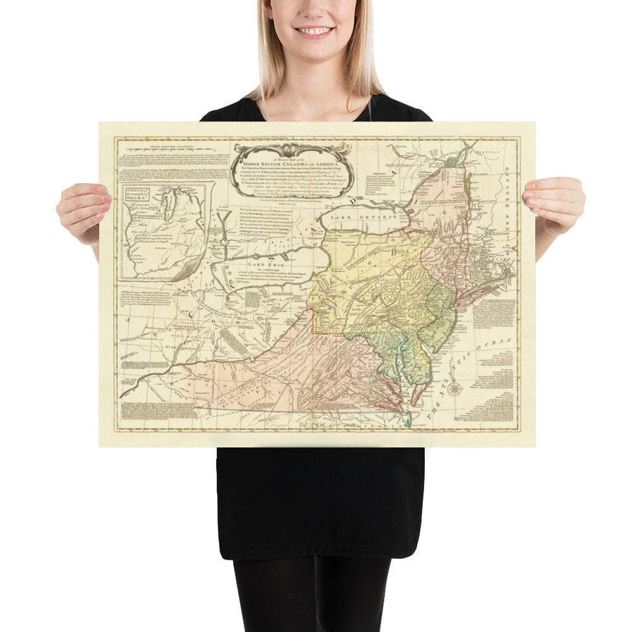 Mappa antica delle colonie britanniche in America 1755 di Evans & Bowles - Insediamenti europei e nativi, USA pre-indipendenza 