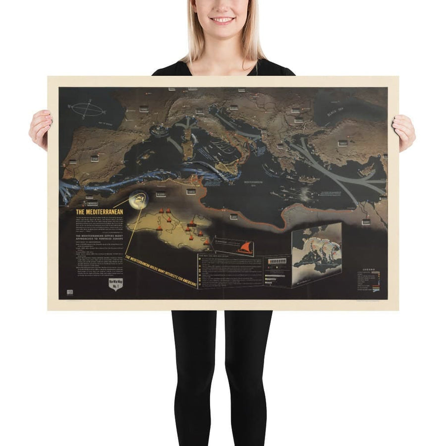 Old World War 2 Map: Méditerranée, 1944 - Navwarmap No.1 - Europe du Sud et Afrique du Nord - Italie, Espagne, France