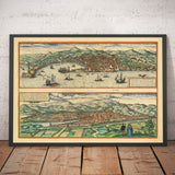 Alte Karte von Florenz und Genua, 1572 von Braun - Duomo, Palazzo Vecchio, Arno, San Lorenzo, Kathedralen, Festungen 