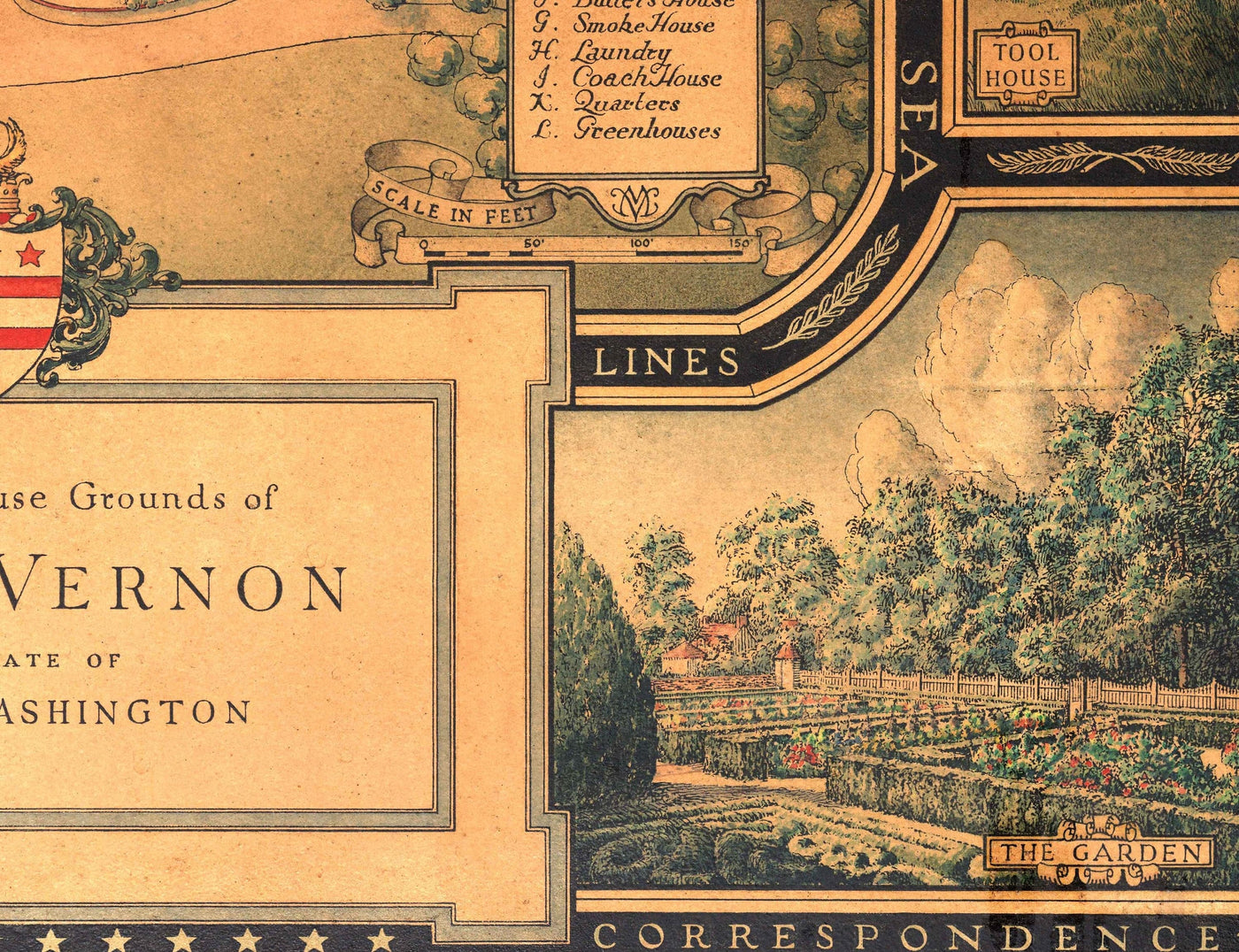 Old Plan of Mount Vernon, George Washington's Home, 1932, par B. Ashburton Tripp - Garden paysagiste, maison, succession