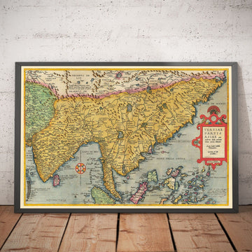 Antiguo mapa de la India y Asia Oriental, 1593 por de Jode - China, Nepal, Laos, Tailandia, Sri Lanka, Filipinas, Malasia