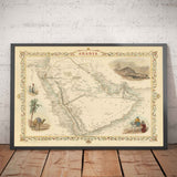Mappa antica dell'Arabia, 1851 di Tallis & Rapkin - Arabia Saudita, Giordania, Oman, Yemen, Mar Rosso, Dubai, Golfo Persico, Medio Oriente 