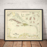 Old Map of the West Anties, 1872 par Fullarton - Bermuda, Cuba, Haïti, Porto Rico, Jamaïque, Bahamas, Antilles, mer des Caraïbes coloniales