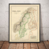 Vecchia mappa di Svezia, Norvegia e Finlandia russa, 1872 di Fullarton - Scandinavia, Danimarca, Mar Baltico, Golfo di Botnia 