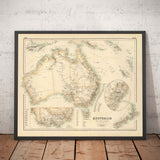 Ancienne carte d'Australie et de Nouvelle-Zélande, 1872 par Fullarton - Tasmanie, Terre de Van Diemens, Sydney, Auckland, Victoria, NSW