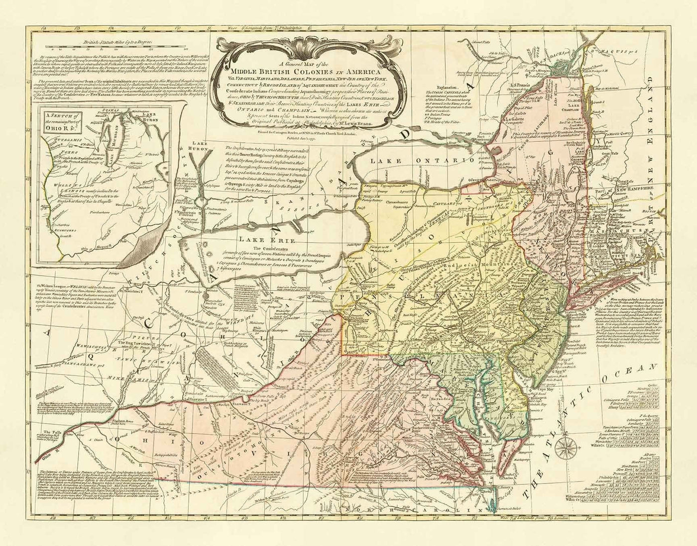 Antiguo mapa de las colonias británicas en América de 1755 de Evans & Bowles - Asentamientos europeos y nativos, Estados Unidos antes de la independencia