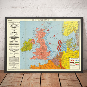 Carte allemande de la Seconde Guerre mondiale, 1940 - Ancienne carte militaire de la mer du Nord de la Seconde Guerre mondiale - Navires de la marine britannique, champs de mines, lignes de bataille