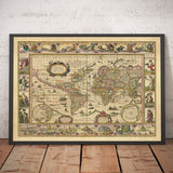 Alte Weltkarte, 1635 von Willem Blaeu - Seltenes Meisterwerk-Atlas - Sieben Wunder, mythische Inseln, römische Götter, Seeungeheuer! 