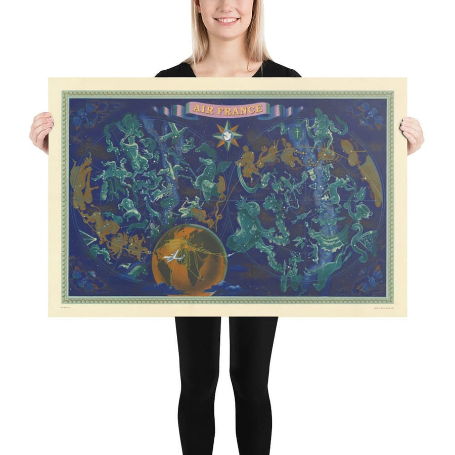Mappa del mondo Celeste e Zodiacale della vecchia Air France, 1959 di Bucher - Carta storica delle rotte aeree, Costellazioni 