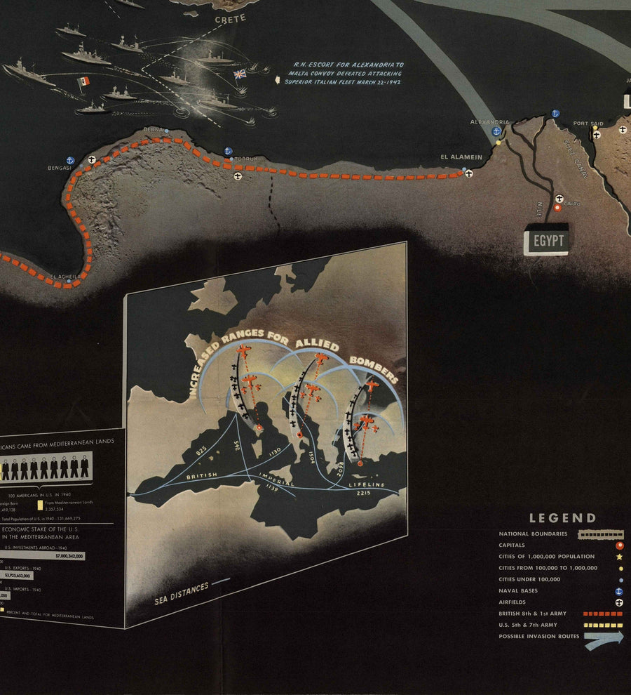 Old World War 2 Map: Méditerranée, 1944 - Navwarmap No.1 - Europe du Sud et Afrique du Nord - Italie, Espagne, France