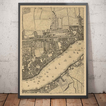 Antiguo mapa de John Rocque Londres, 1746, G2 - Wapping, Shadwell, Rotherhithe, Thames, Tower Hamlets, E1W, Southwark