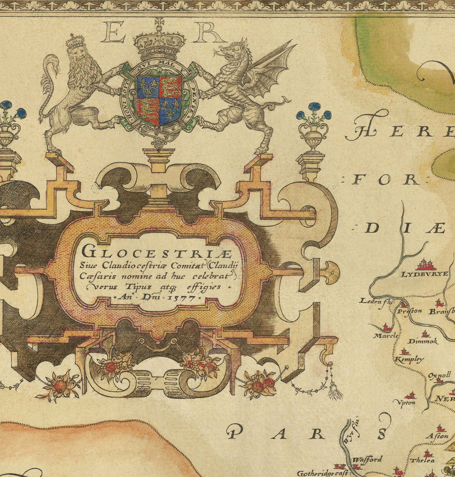 Rara Mappa Antica del Gloucestershire, 1575 di Saxton - Bristol, Cheltenham, Cotswolds, Tewkesbury, Cirencester, Stroud 